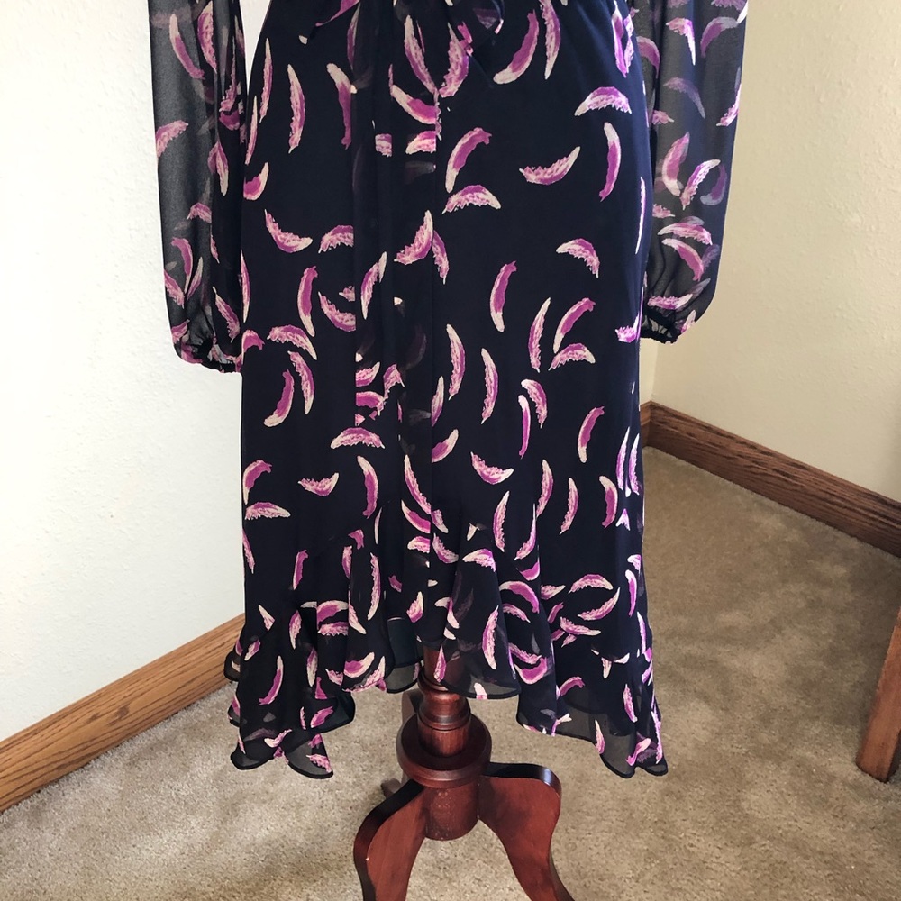 Gorgeous feather print and navy ruffle dress
